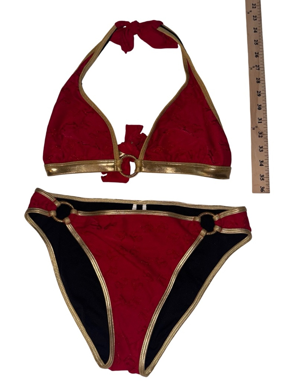 St John Sport Size 12 Top 6 Bottom Bikini Red Gold Ring Halter Luxury Swim Set - Picture 4 of 8